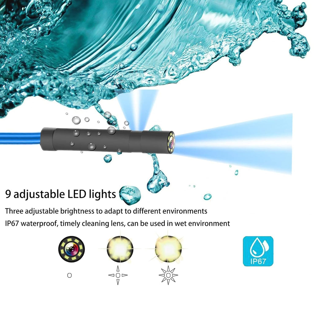Dual Lens Video Endoscope Camera with Lights, 1080P Borescope Inspection Camera, 8 mm IP67 Waterproof, 9 LED Lights, 16.5FT Semi-Rigid Cable, 32GB Card I18370