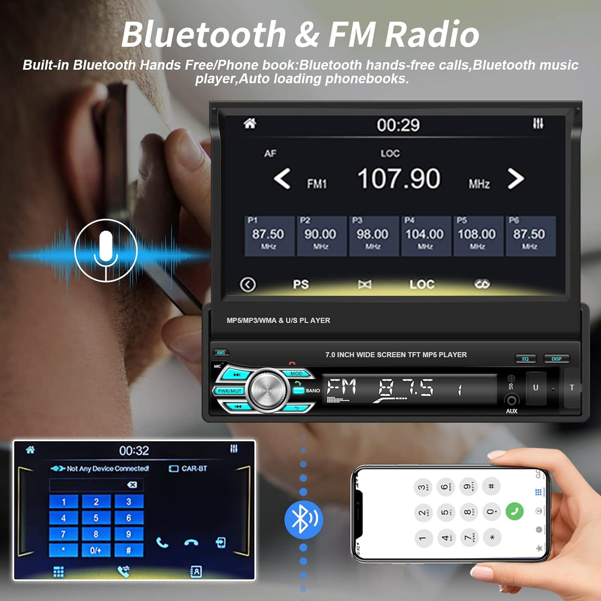 Single Din Car Stereo with Carplay Android Auto 7 Inch Touch Screen M888