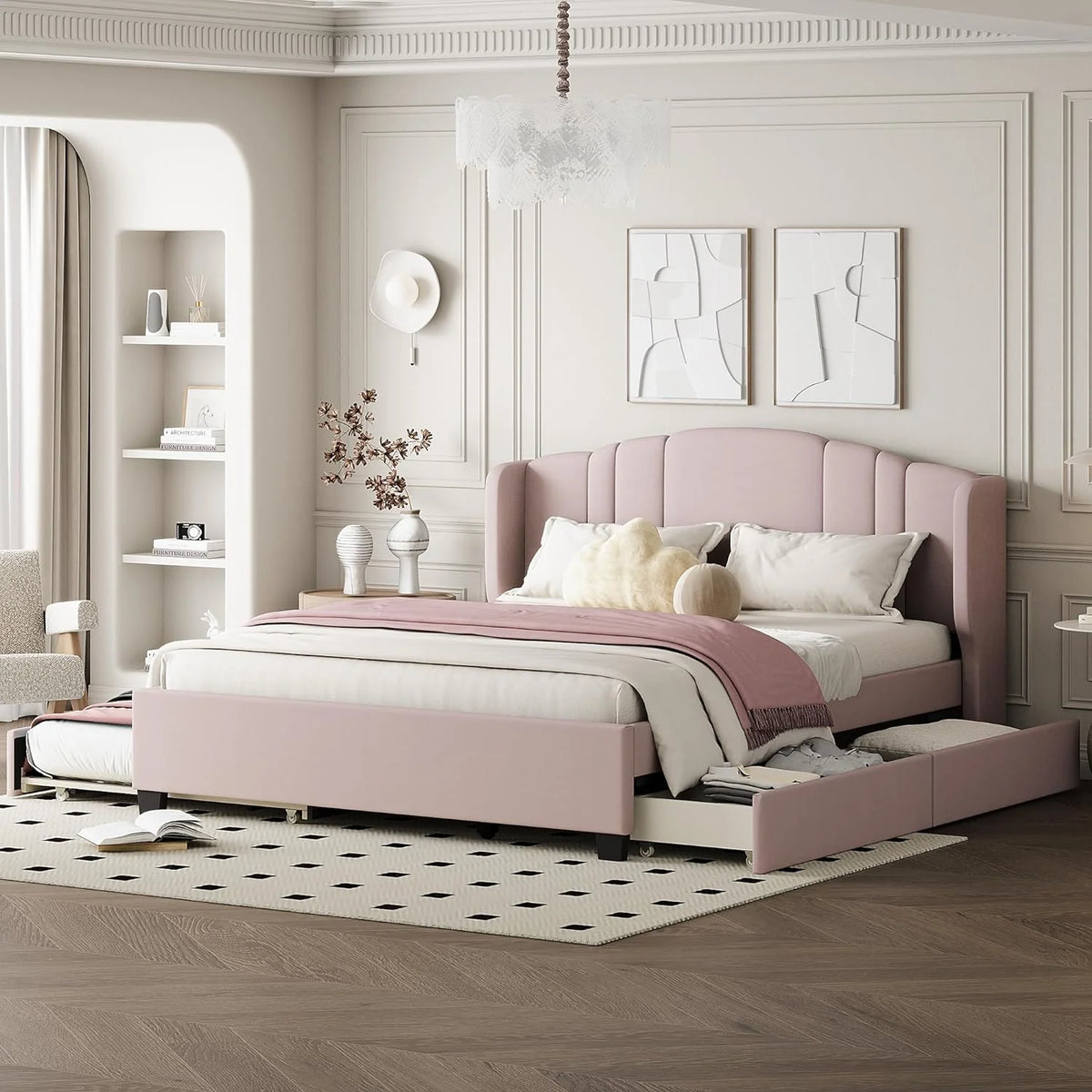 Queen Upholstered Platform Bed with Wingback Headboard and 2 Drawers M560