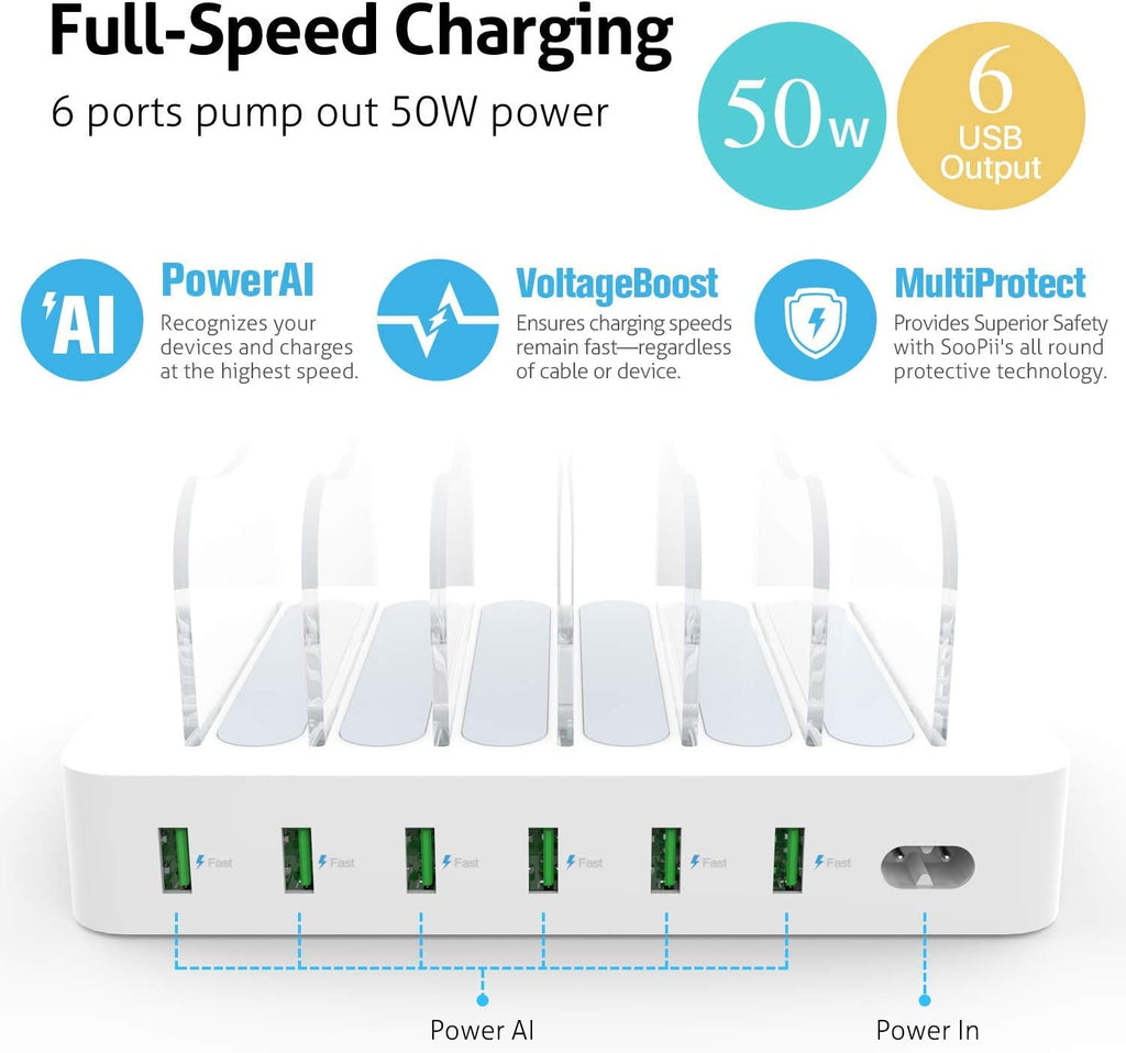 6-Port USB Charging Station with 6 Charging Cables White Pack of 2 P8036