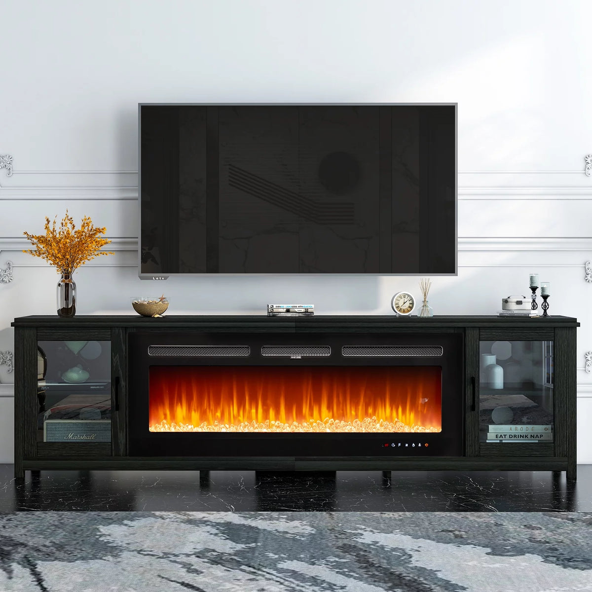 Black Fireplace TV Stand with Glass Doors I7136