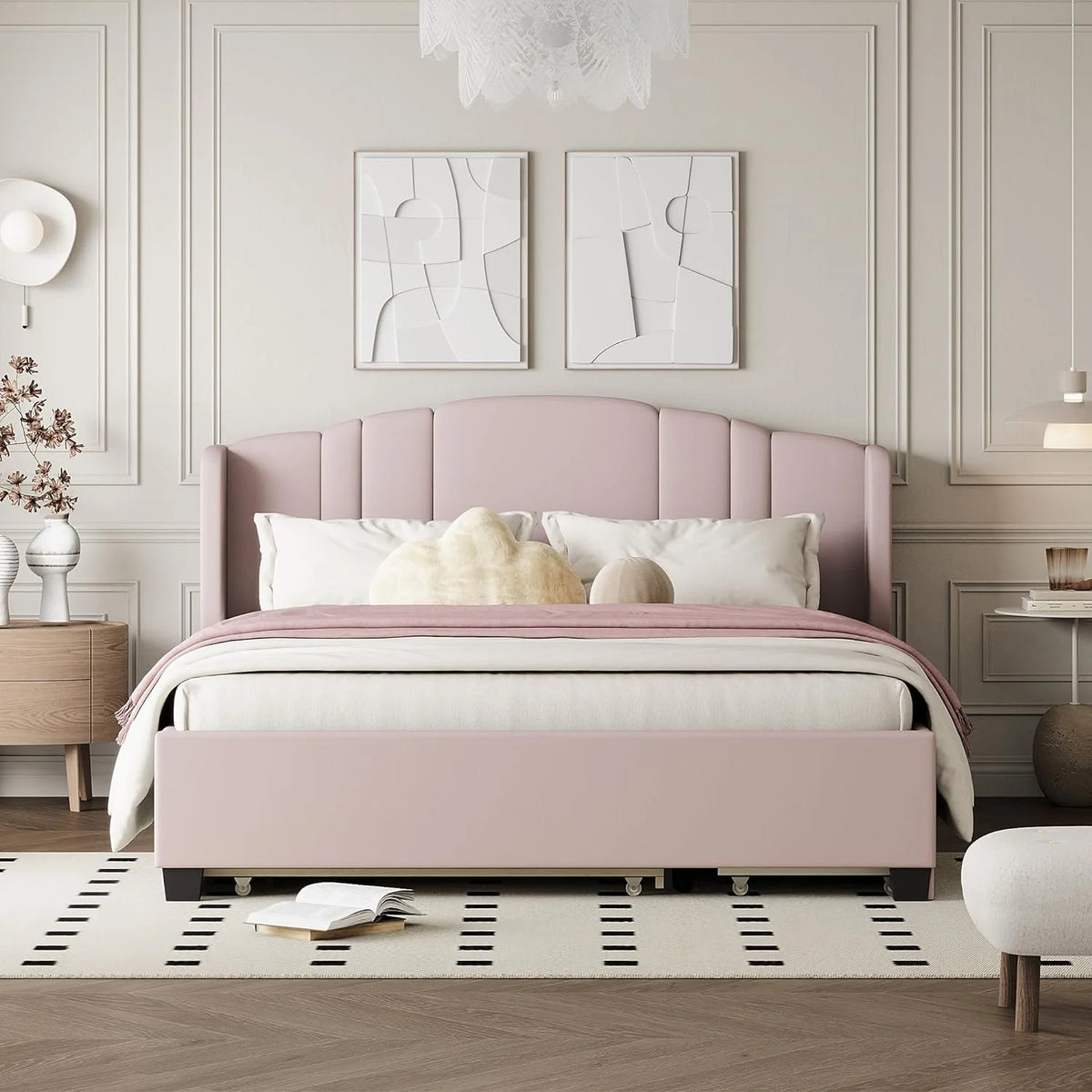 Queen Upholstered Platform Bed with Wingback Headboard and 2 Drawers M560