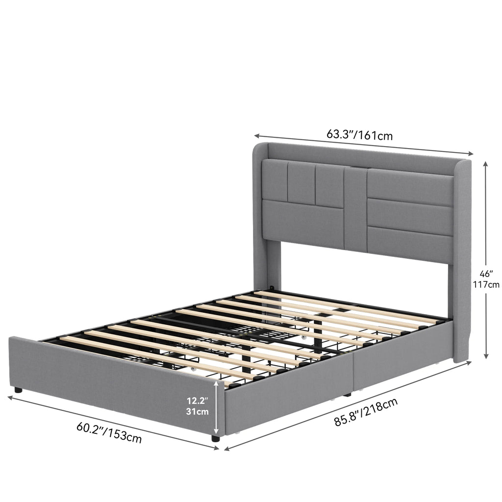 Queen Size Upholstered Platform Bed Frame with Storage Drawers E292