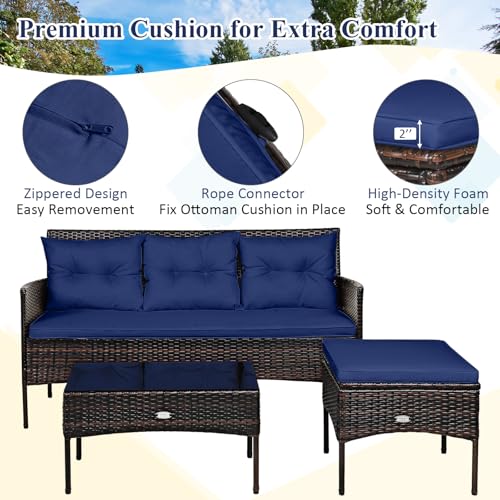 3 Pieces PE Rattan Wicker Patio Conversation Set with Cushions and Tempered Glass Coffee Table F84711