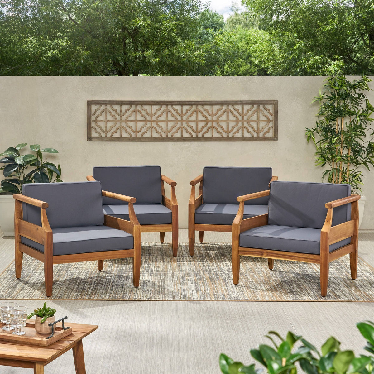 Acacia Wood Club Chair with Cushion Set of 4 S939