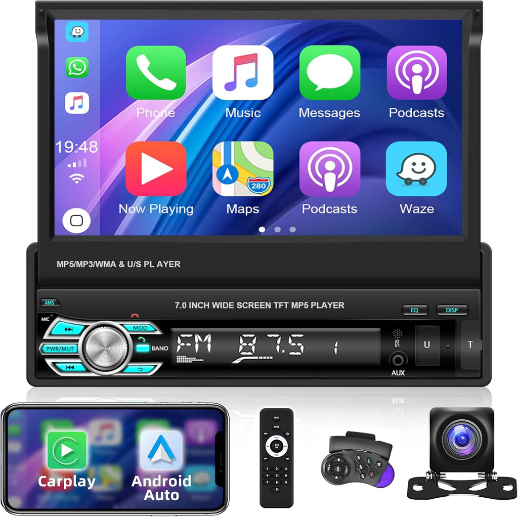 Single Din Car Stereo with Carplay Android Auto 7 Inch Touch Screen M888