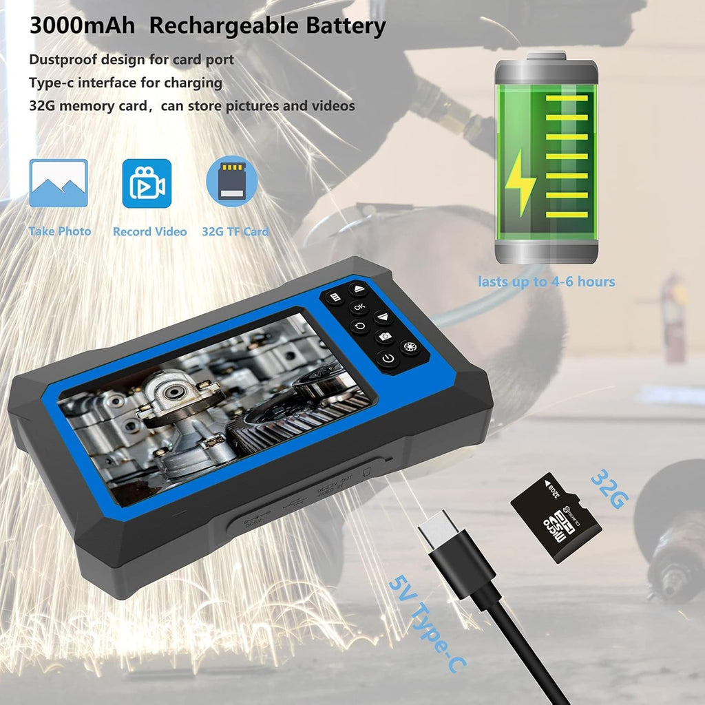 Dual Lens Video Endoscope Camera with Lights, 1080P Borescope Inspection Camera, 8 mm IP67 Waterproof, 9 LED Lights, 16.5FT Semi-Rigid Cable, 32GB Card I18370