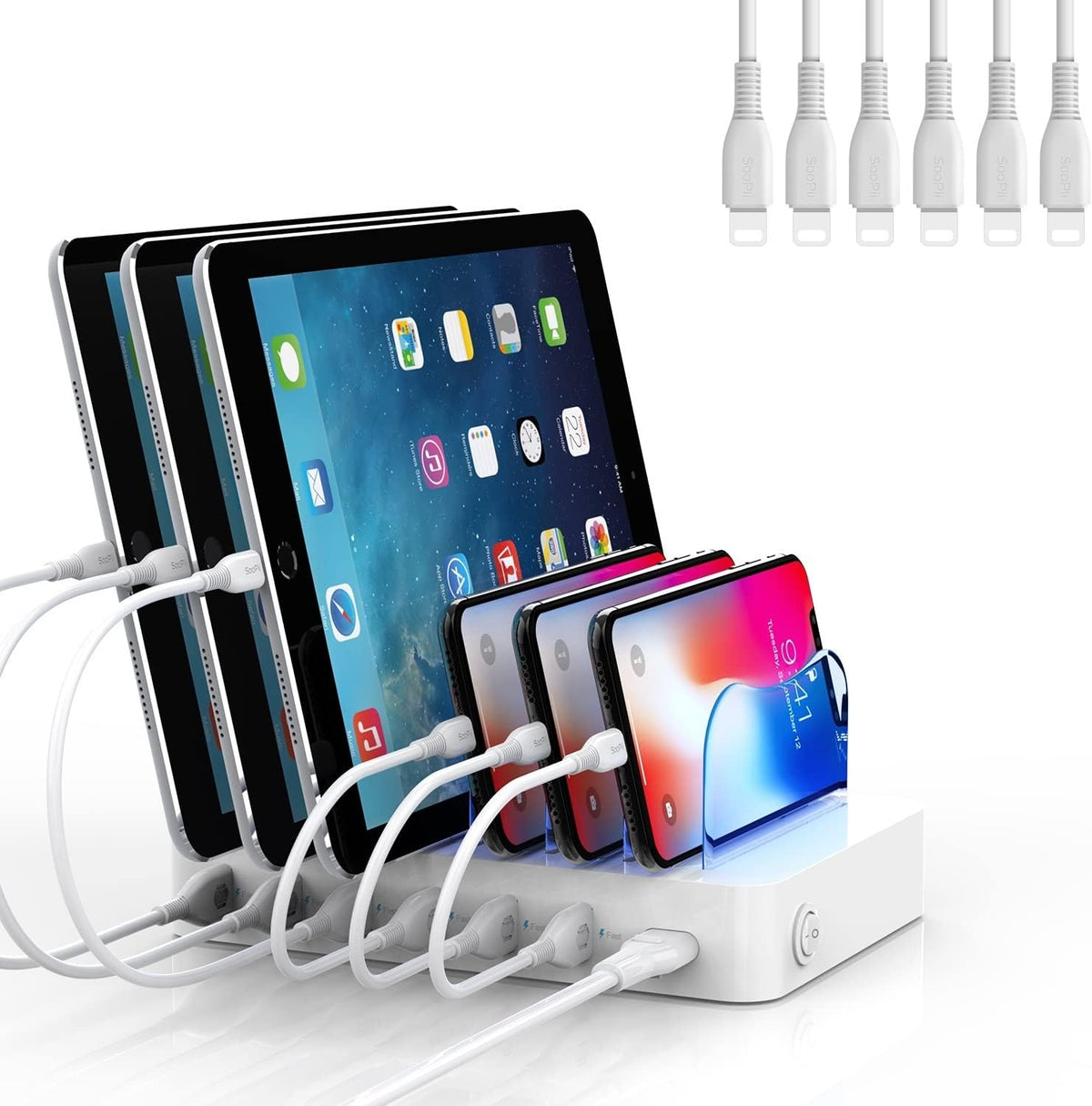 6-Port USB Charging Station with 6 Charging Cables White Pack of 2 P8036