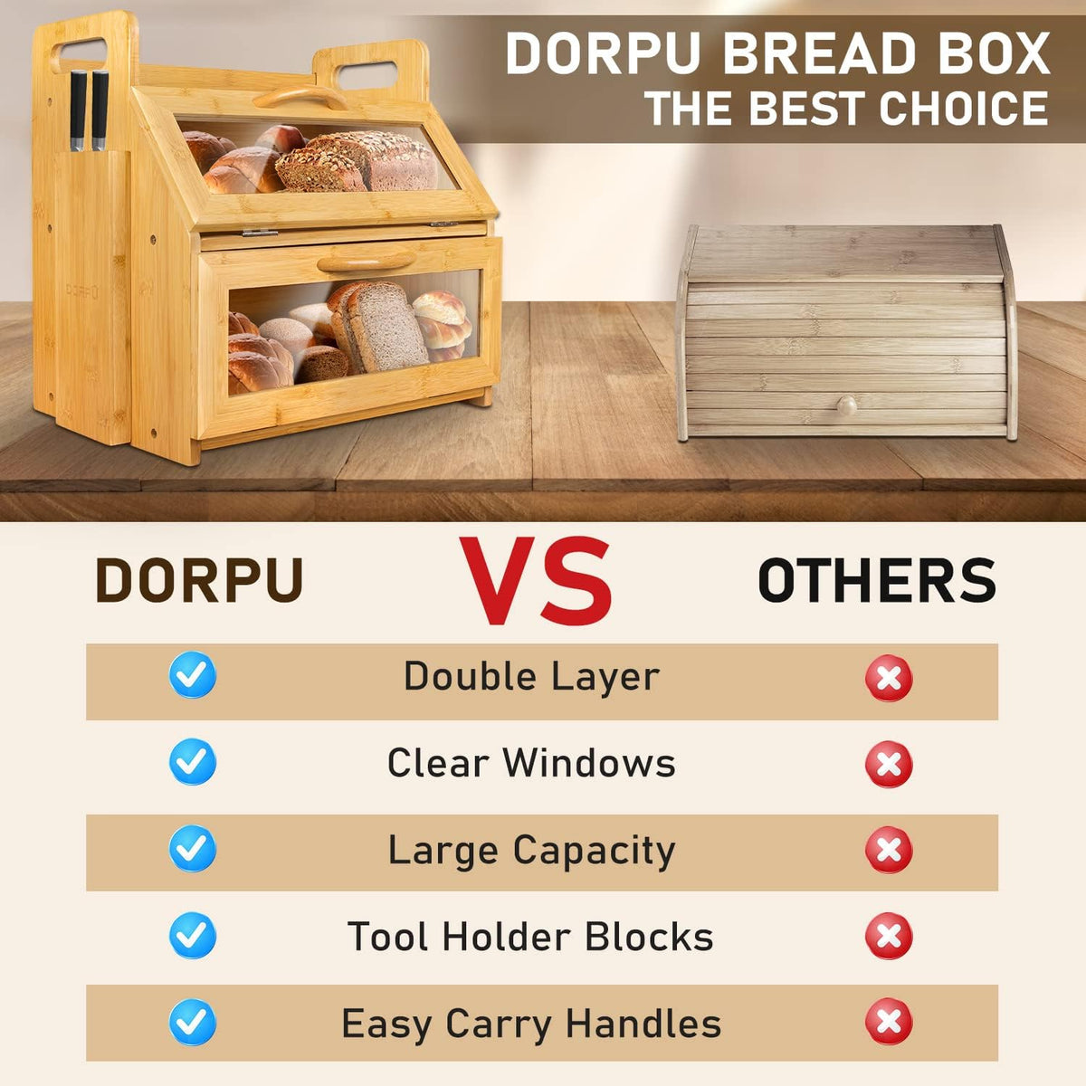 2 Layer Bamboo Wood Bread Box with Tool Holder Blocks and Window L5737