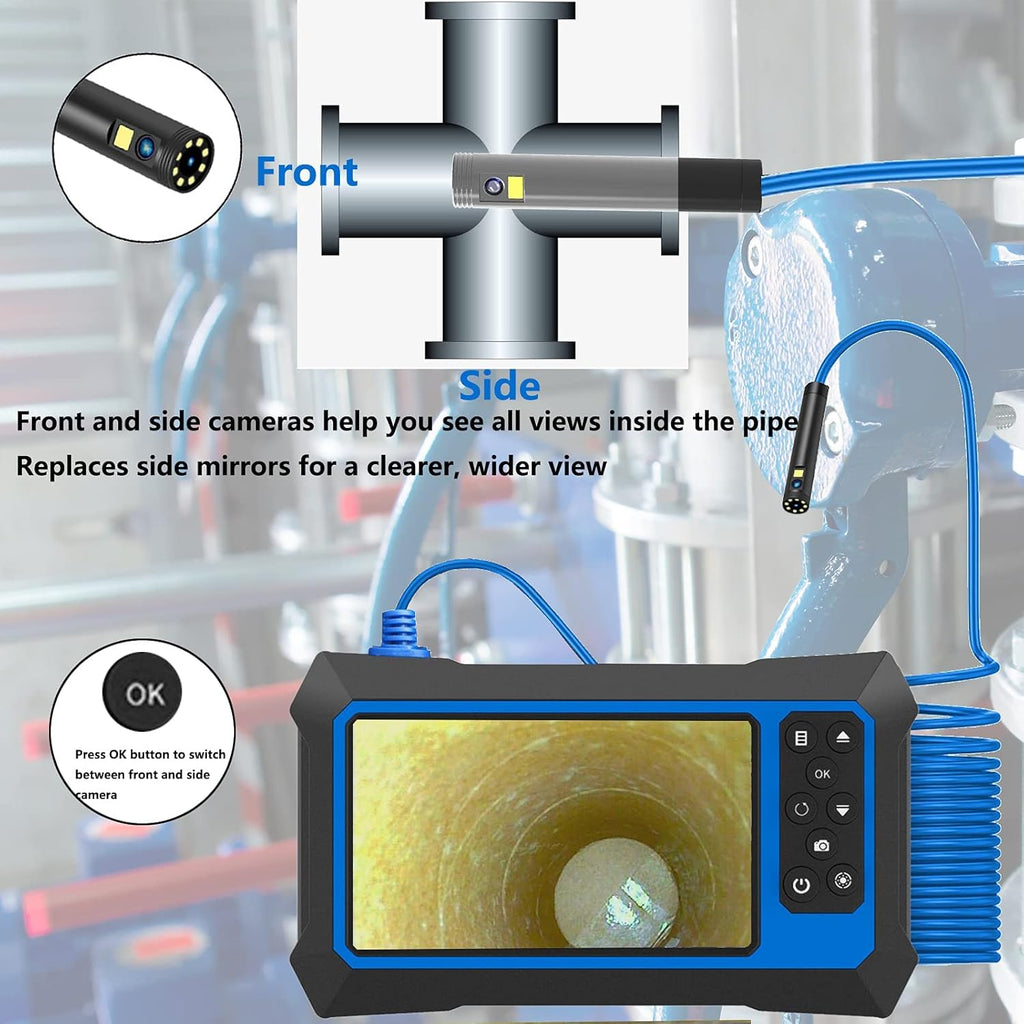 Dual Lens Video Endoscope Camera with Lights, 1080P Borescope Inspection Camera, 8 mm IP67 Waterproof, 9 LED Lights, 16.5FT Semi-Rigid Cable, 32GB Card I18370