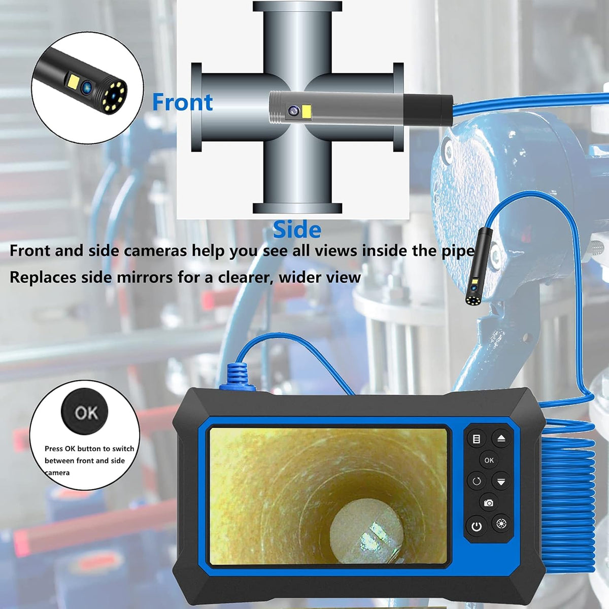 Dual Lens Video Endoscope Camera with Lights, 1080P Borescope Inspection Camera, 8 mm IP67 Waterproof, 9 LED Lights, 16.5FT Semi-Rigid Cable, 32GB Card I18370