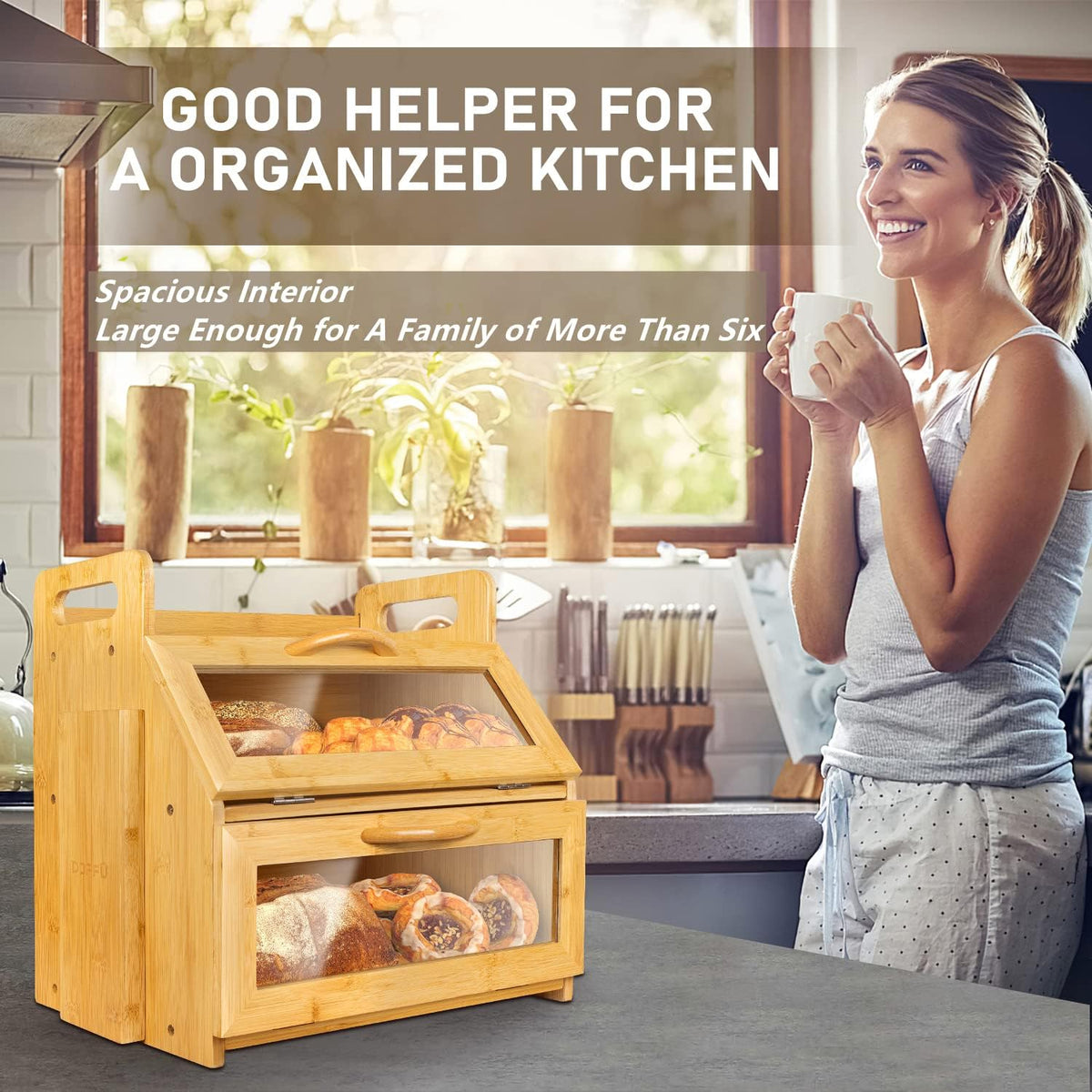 2 Layer Bamboo Wood Bread Box with Tool Holder Blocks and Window L5737