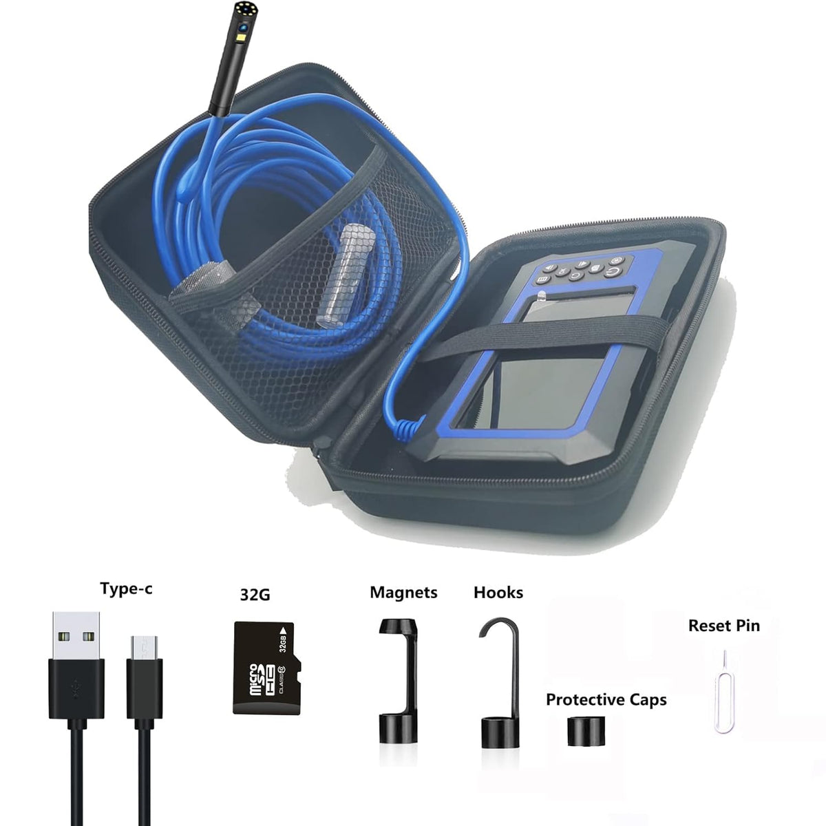 Dual Lens Video Endoscope Camera with Lights, 1080P Borescope Inspection Camera, 8 mm IP67 Waterproof, 9 LED Lights, 16.5FT Semi-Rigid Cable, 32GB Card I18370