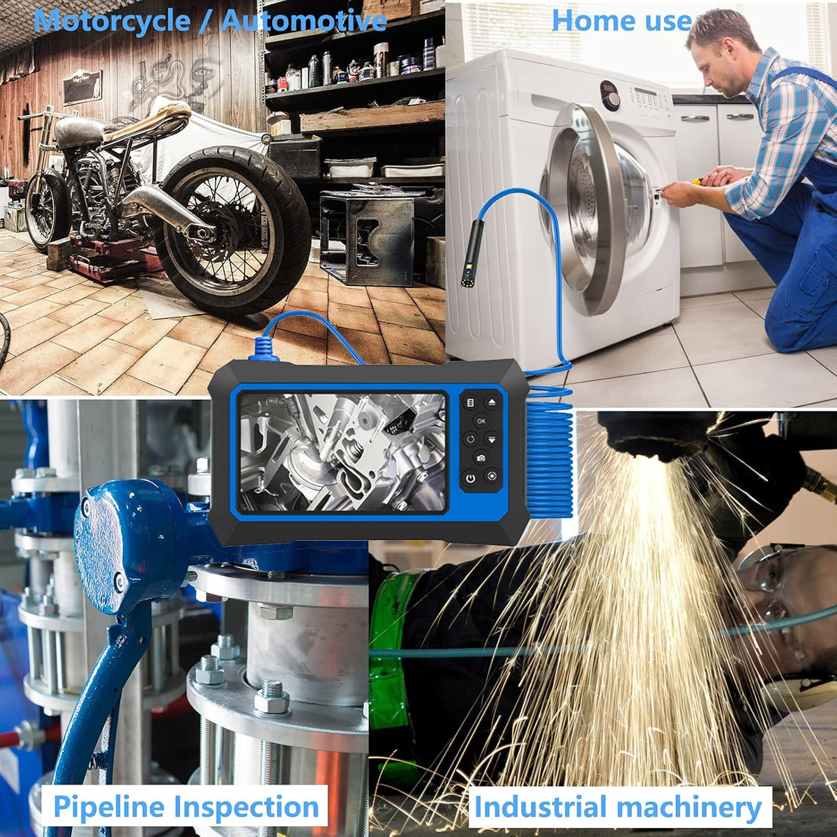 Dual Lens Video Endoscope Camera with Lights, 1080P Borescope Inspection Camera, 8 mm IP67 Waterproof, 9 LED Lights, 16.5FT Semi-Rigid Cable, 32GB Card I18370
