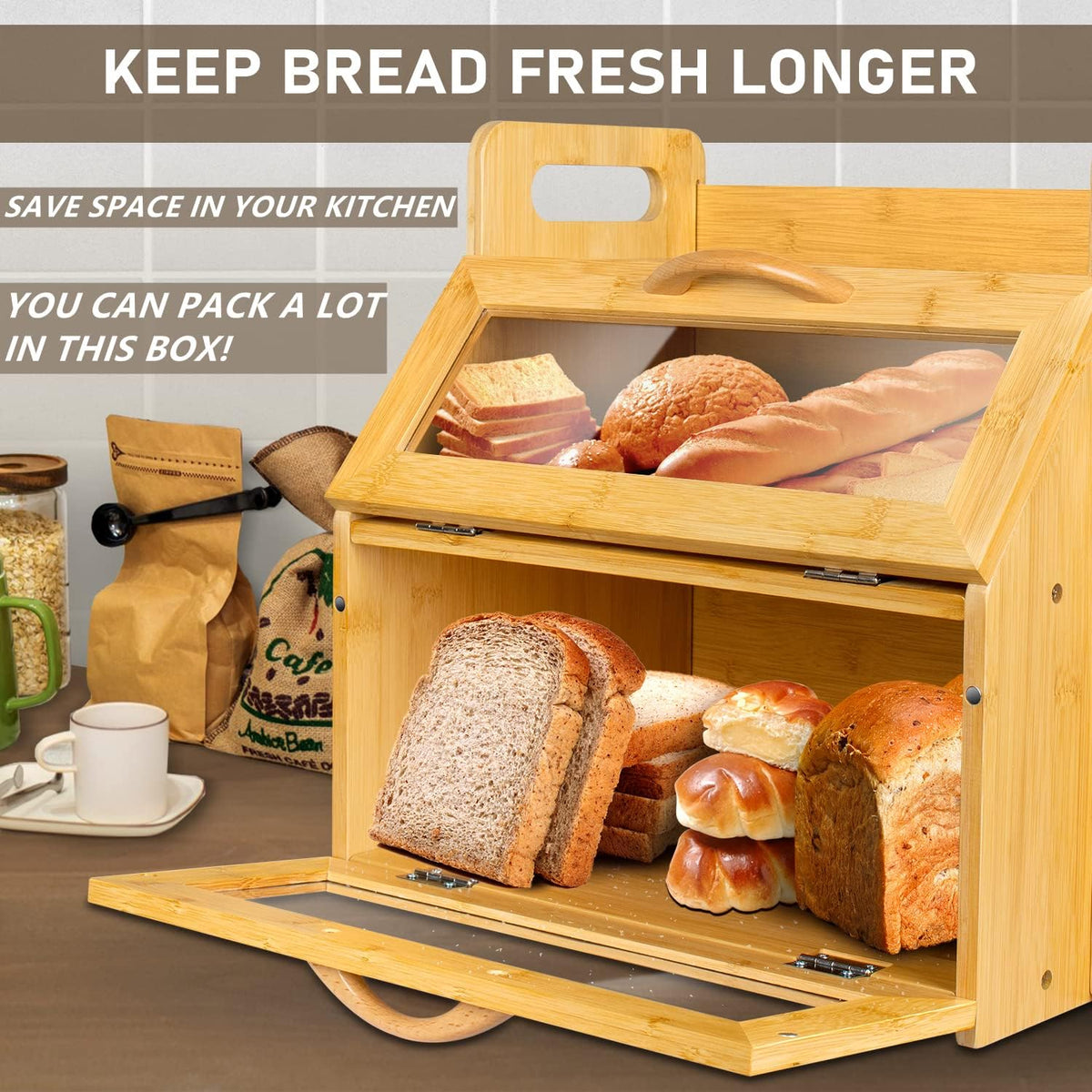 2 Layer Bamboo Wood Bread Box with Tool Holder Blocks and Window L5737
