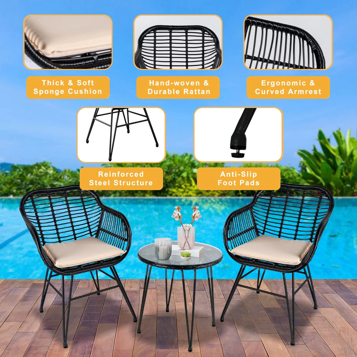 3 Piece Black PE Rattan Outdoor Wicker Bistro Set with Cushions S22100