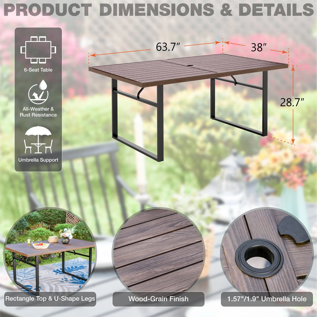 Rectangle Outdoor Dining Table Steel Frame Wood Grain Top 6 Person Black D95727