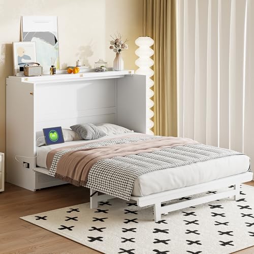 Full Size Murphy Bed with Drawer and Charging Station, Gray I7365