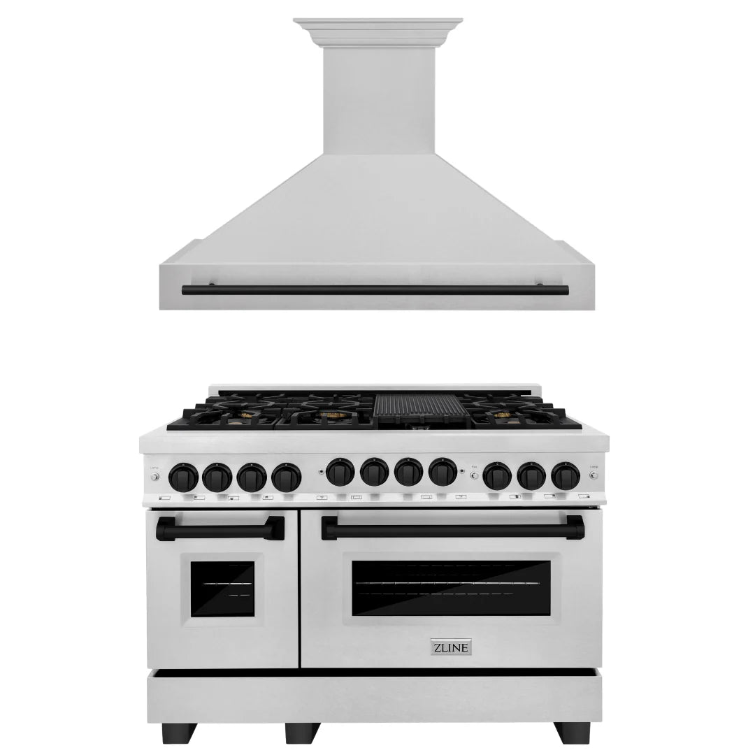48 In. Gas Range and Range Hood in Stainless Steel with Matte Black Accents S694