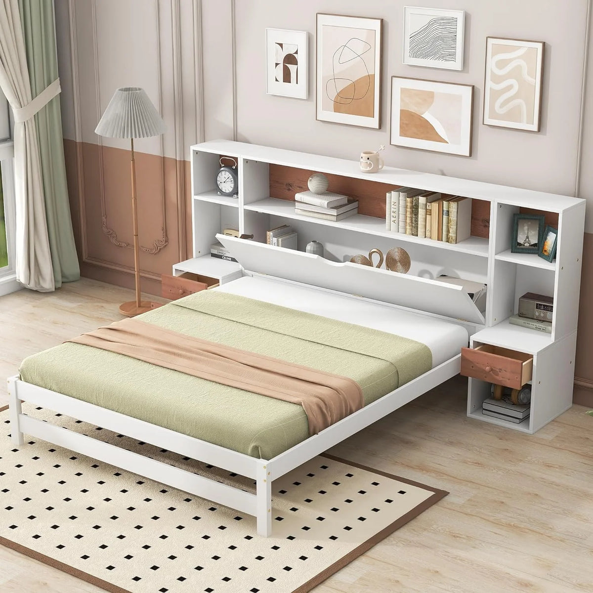White Full Size Platform Bed with Bookcase Headboard and Storage Drawers T57999