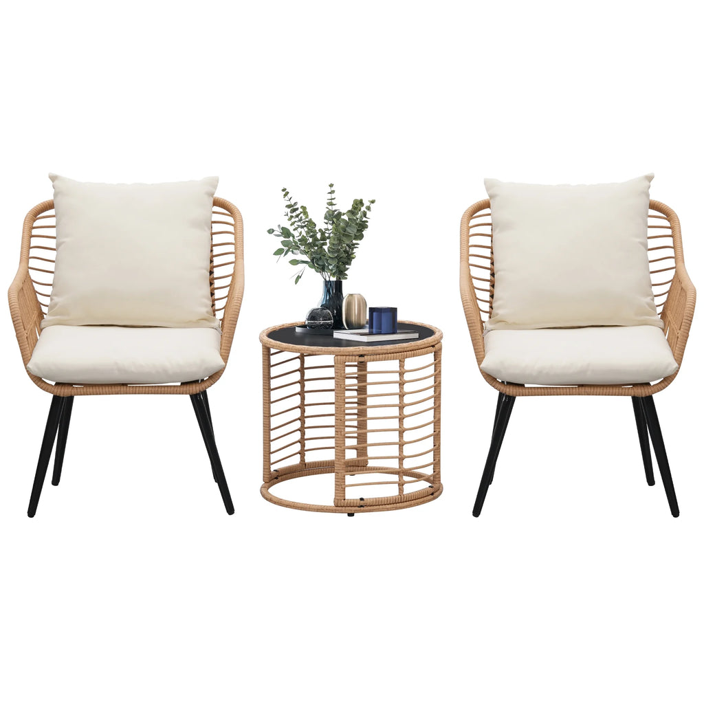 3-Piece Wicker Patio Bistro Set with Glass Top Table & Cushions Z452411