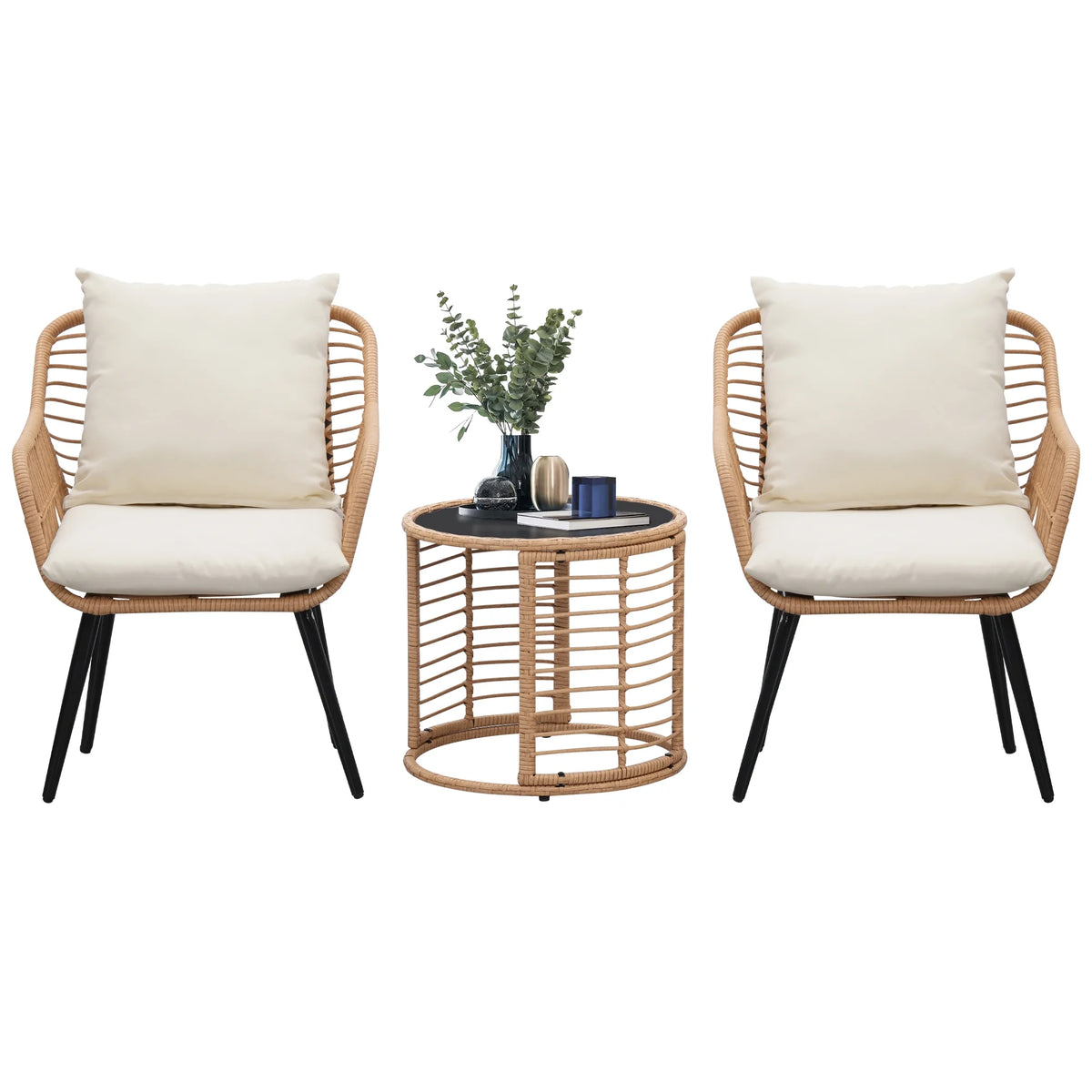 3-Piece Wicker Patio Bistro Set with Glass Top Table & Cushions Z452411