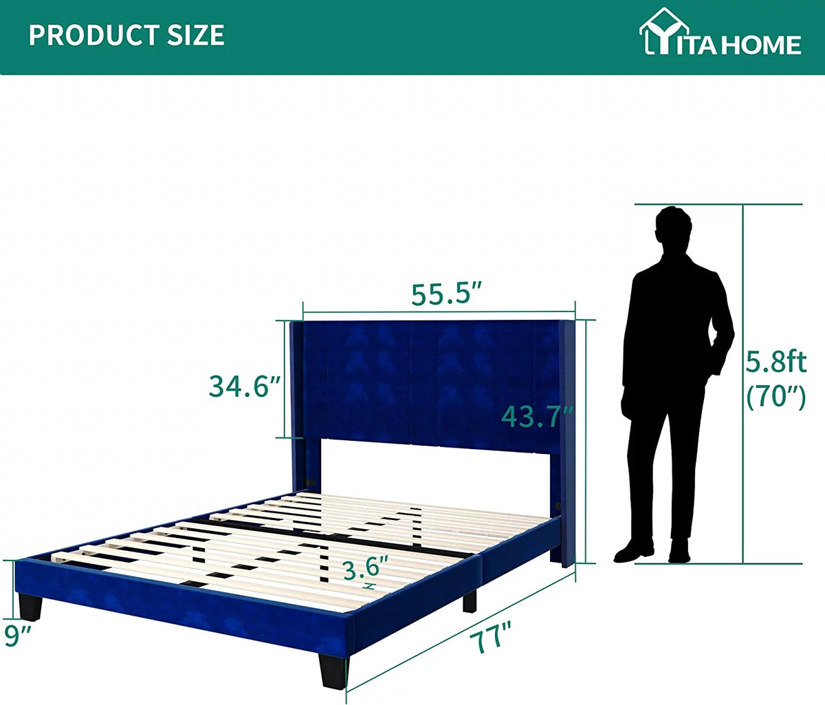 Navy Blue Velvet Upholstered Platform Bed Full R486