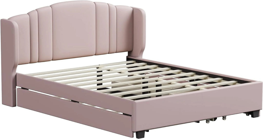 Queen Upholstered Platform Bed with Wingback Headboard and 2 Drawers M560