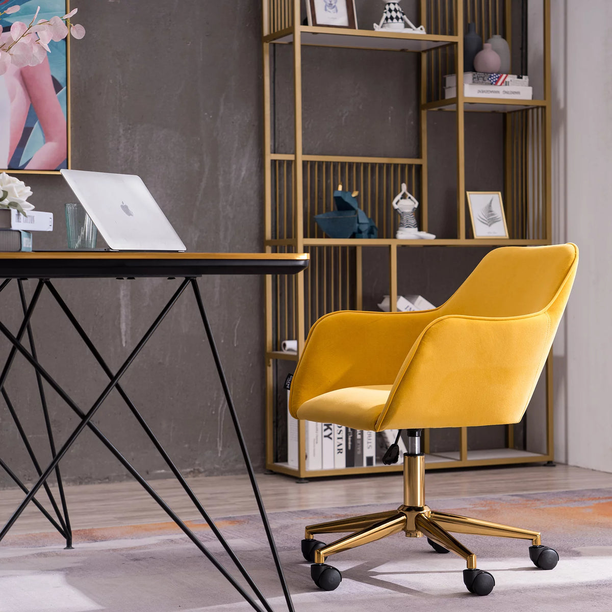 Yellow Velvet Adjustable Height Office Chair with Gold Metal Legs and Wheels E149