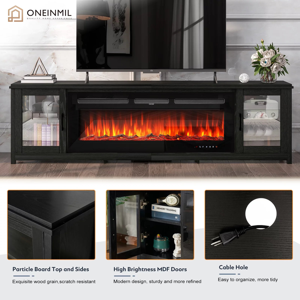 Black Fireplace TV Stand with Glass Doors I7136