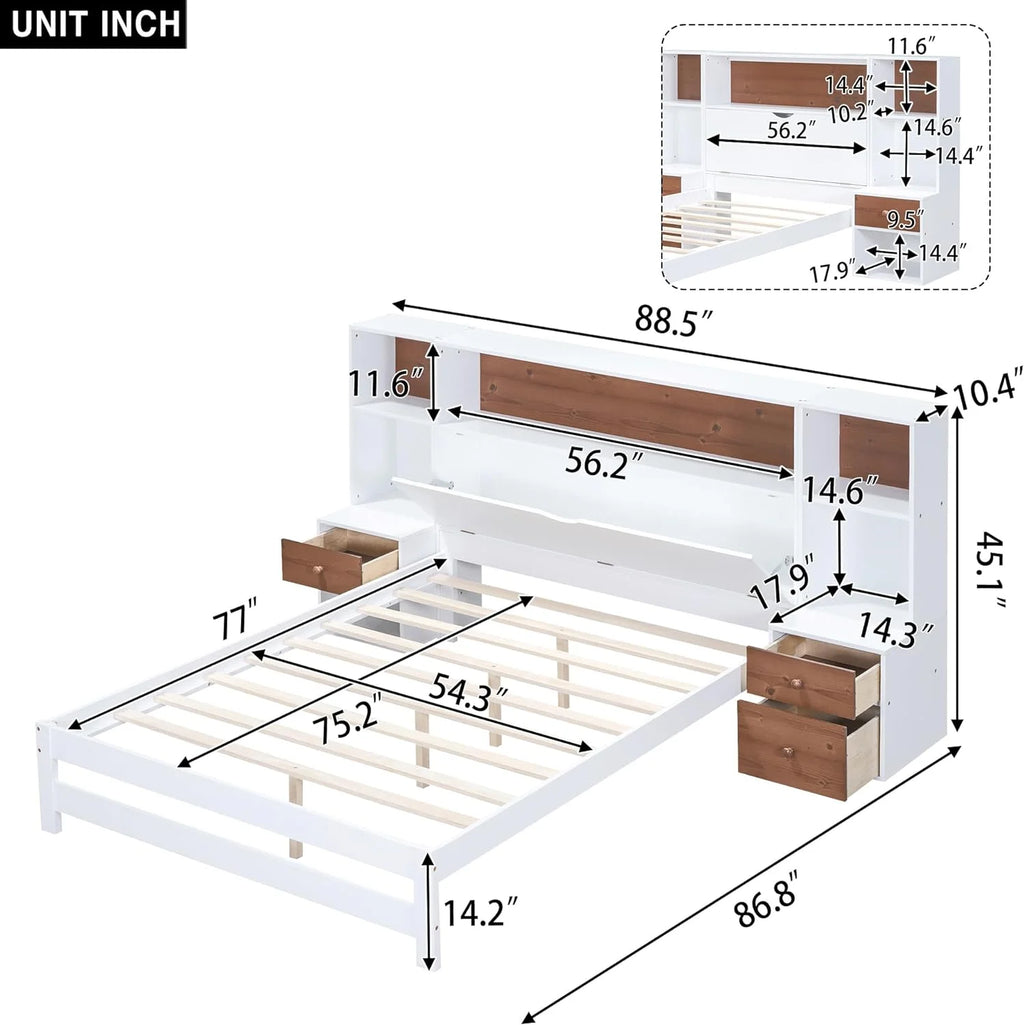 White Full Size Platform Bed with Bookcase Headboard and Storage Drawers T57999