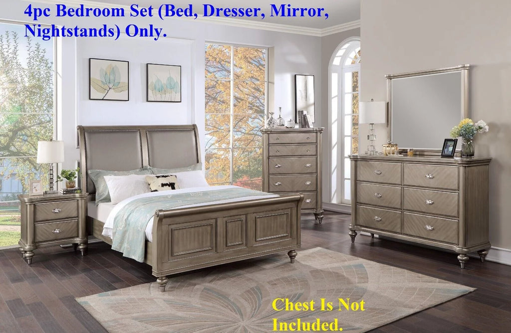 Grey 4p California King Size Bed Dresser Mirror Nightstand S47542