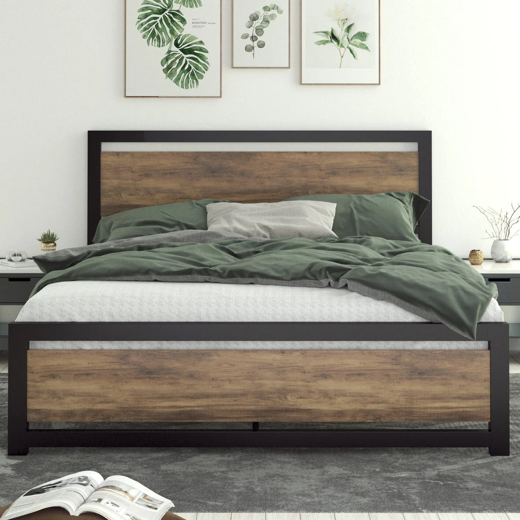 Queen Size Metal Platform Bed Frame with Wooden Headboard Footboard R135231