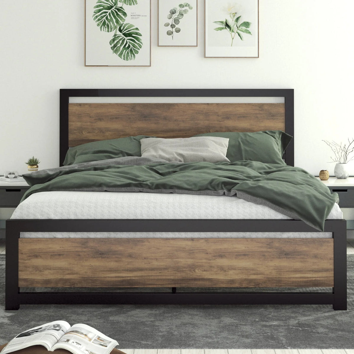 Queen Size Metal Platform Bed Frame with Wooden Headboard Footboard R135231