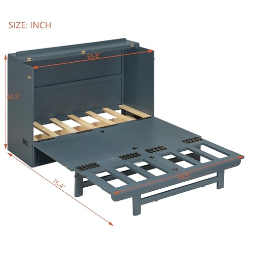 Full Size Murphy Bed with Drawer and Charging Station, Gray I7365