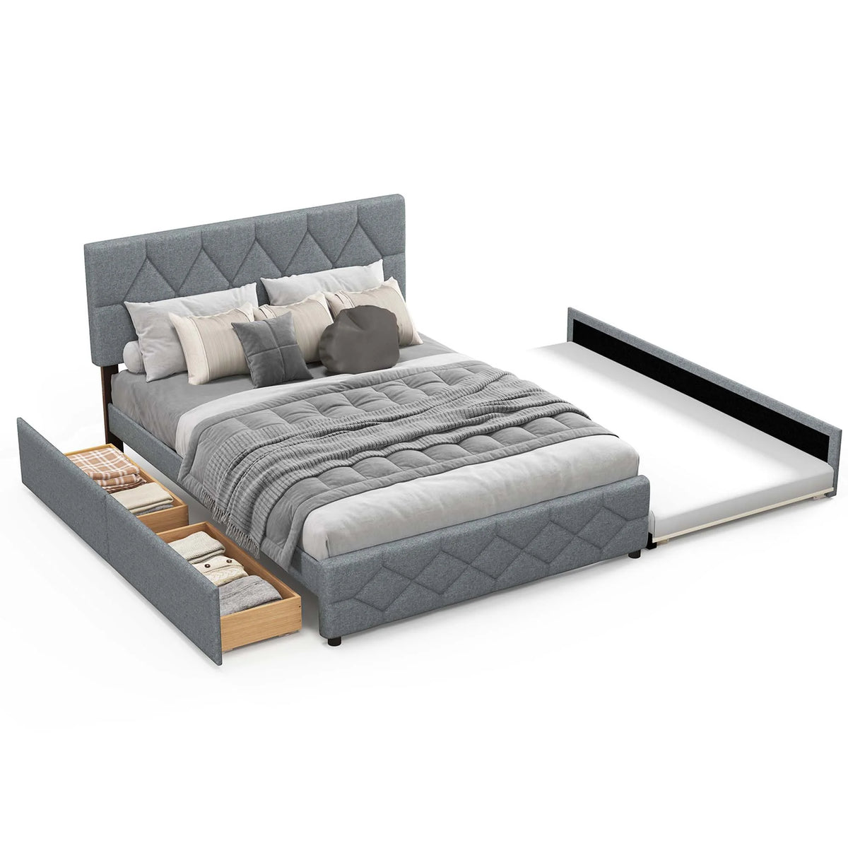 Queen Upholstered Platform Bed with Twin XL Trundle and 2 Drawers Z3529