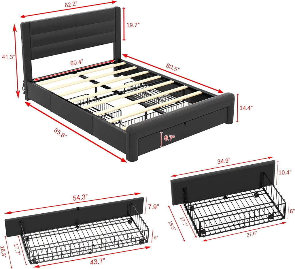 Queen Size Black Leather Upholstered Bed with 3 Storage Drawers K110