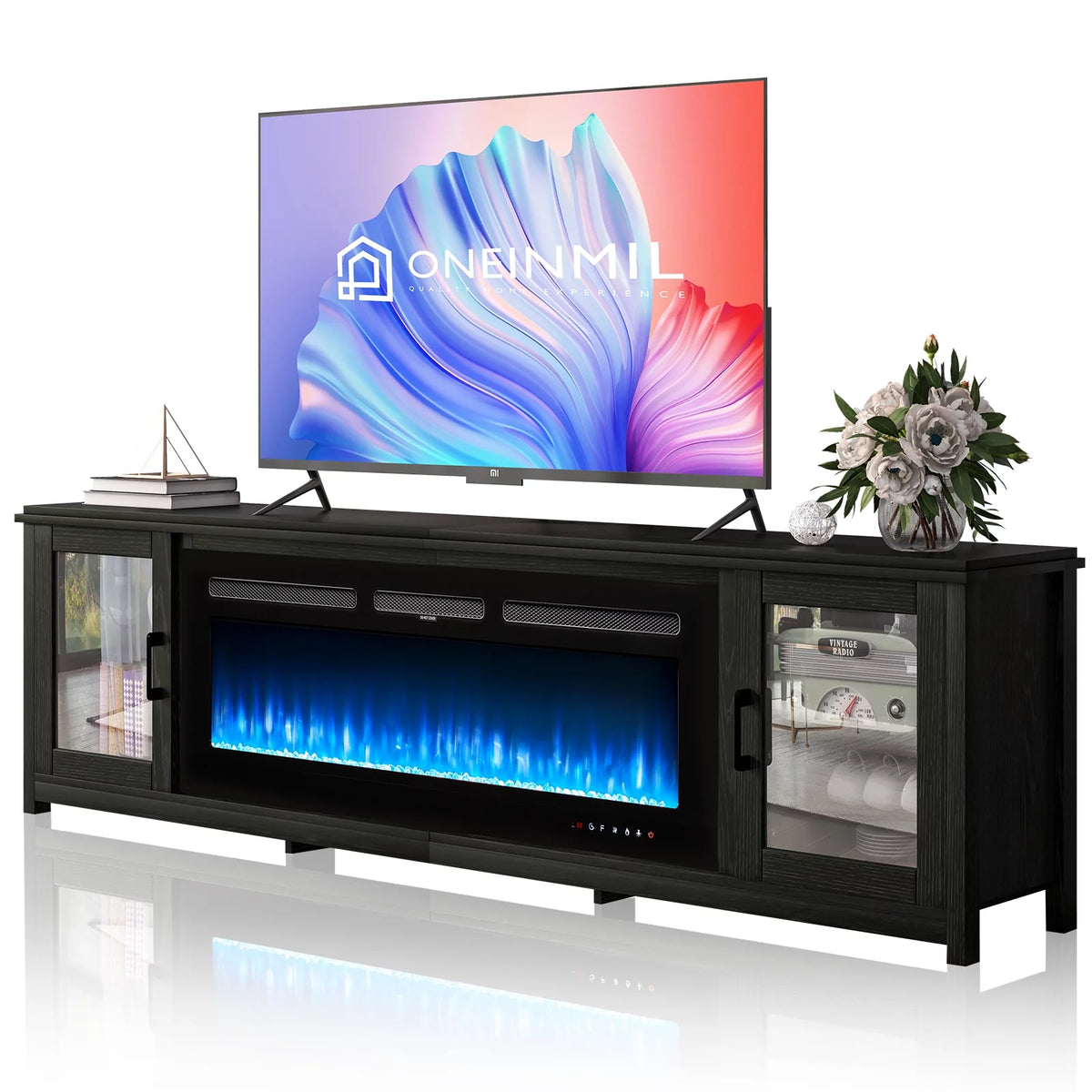 Black Fireplace TV Stand with Glass Doors I7136