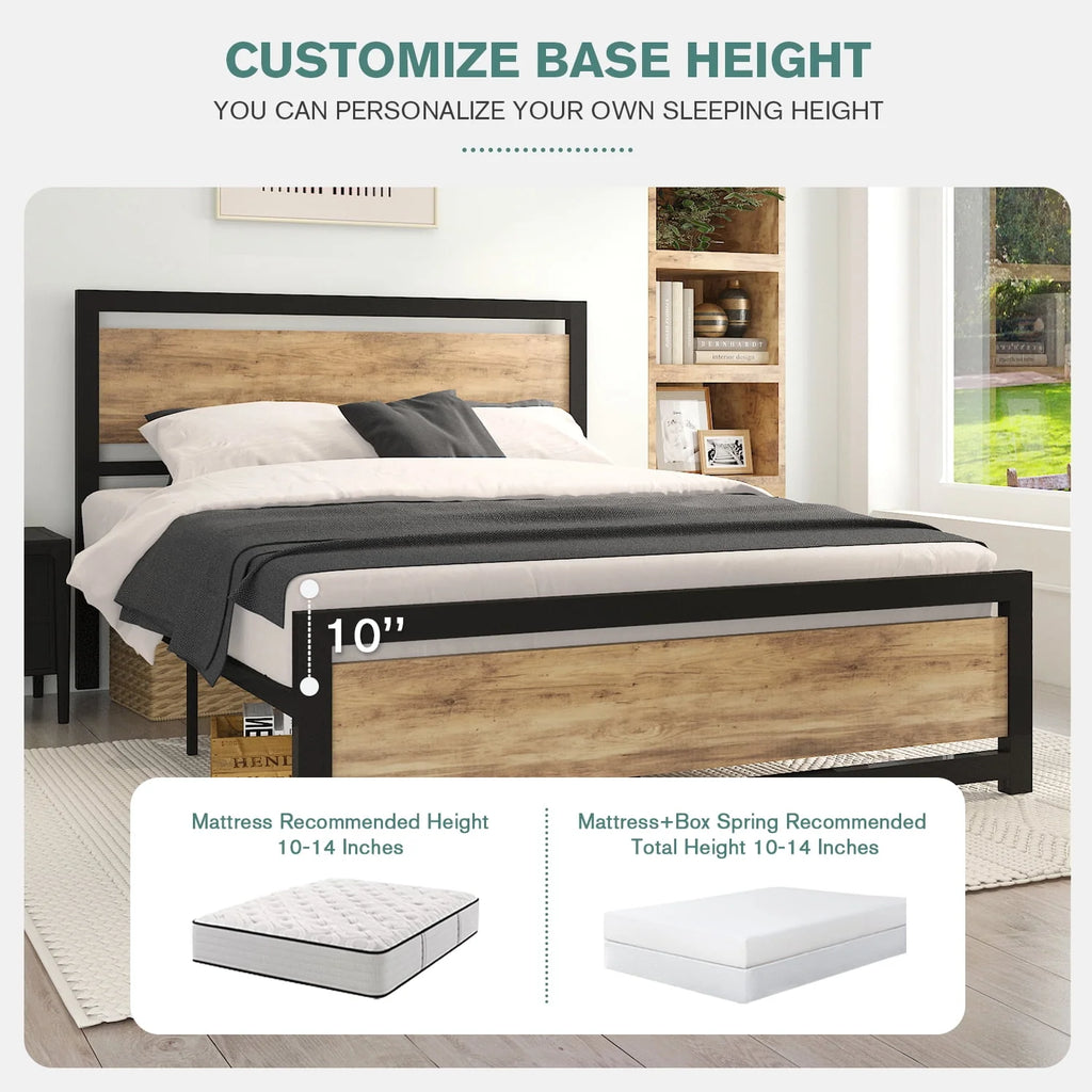 Queen Size Metal Platform Bed Frame with Wooden Headboard Footboard R135231