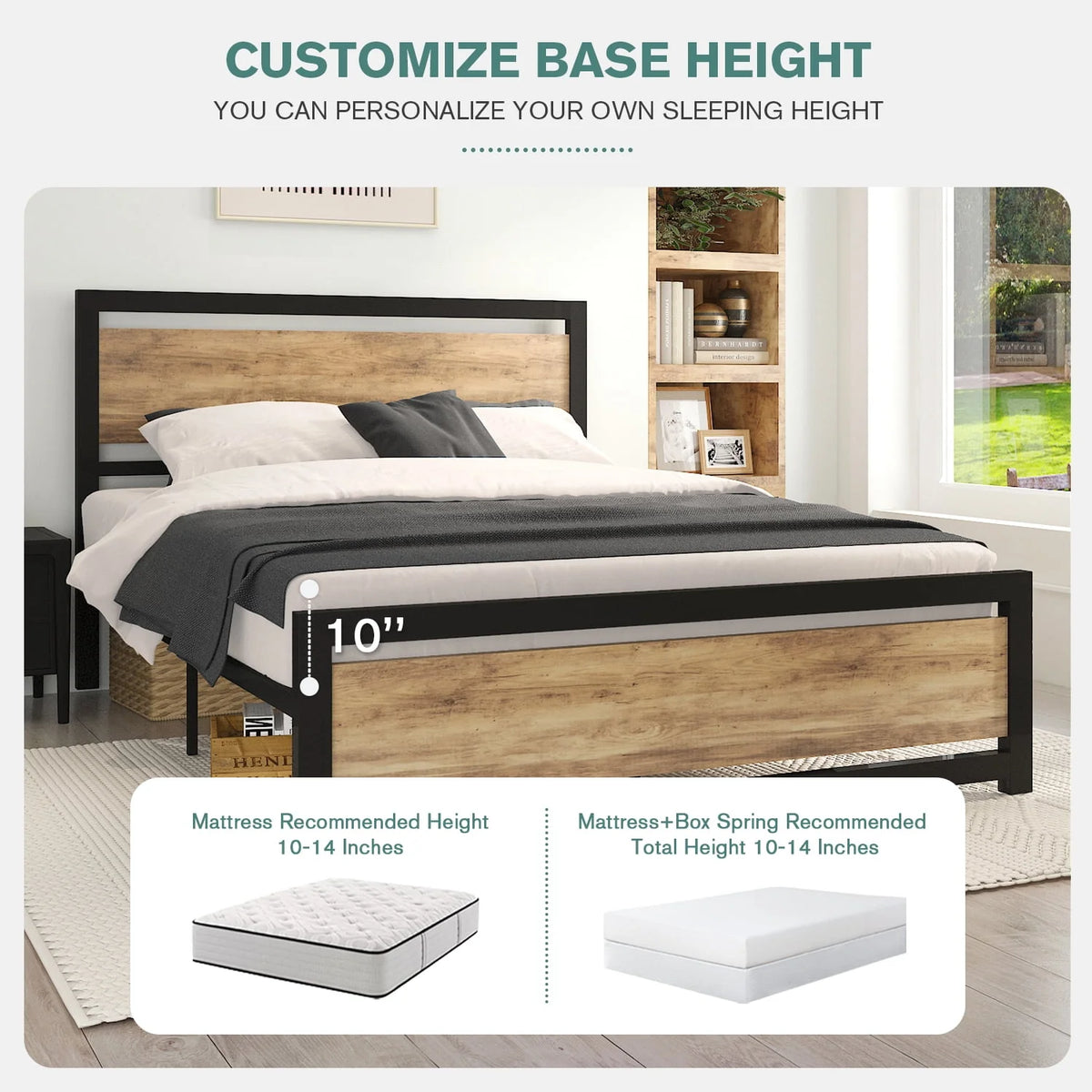 Queen Size Metal Platform Bed Frame with Wooden Headboard Footboard R135231