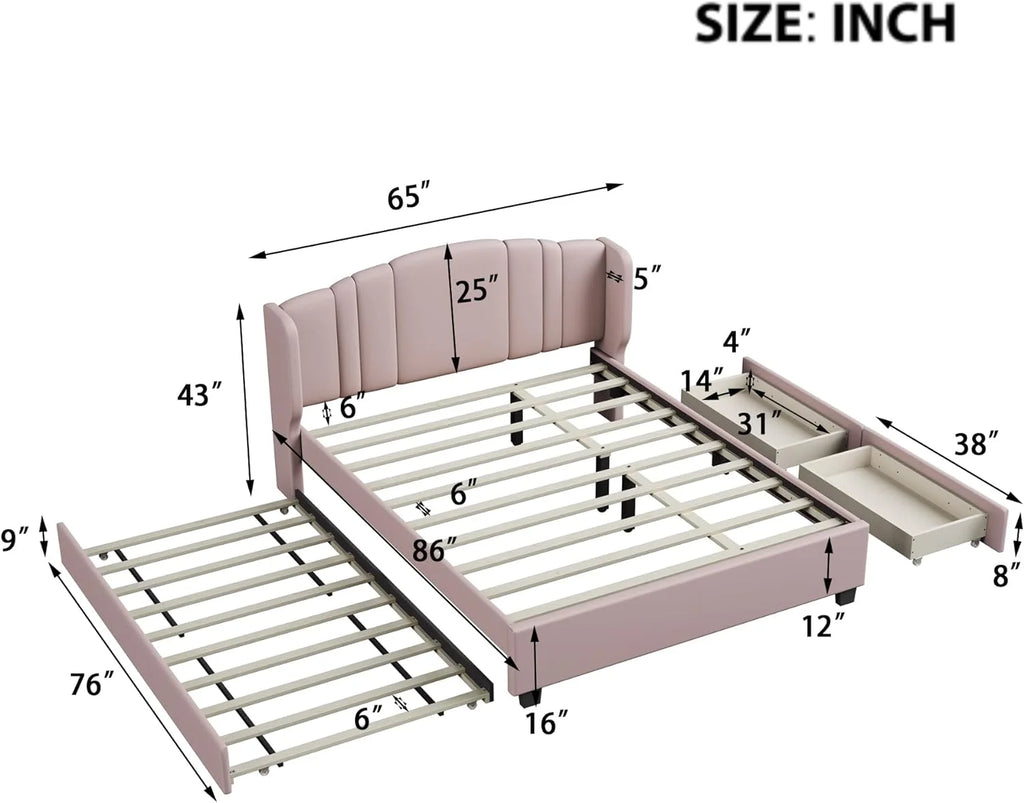 Queen Upholstered Platform Bed with Wingback Headboard and 2 Drawers M560