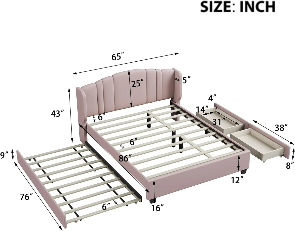 Queen Upholstered Platform Bed with Wingback Headboard and 2 Drawers M560