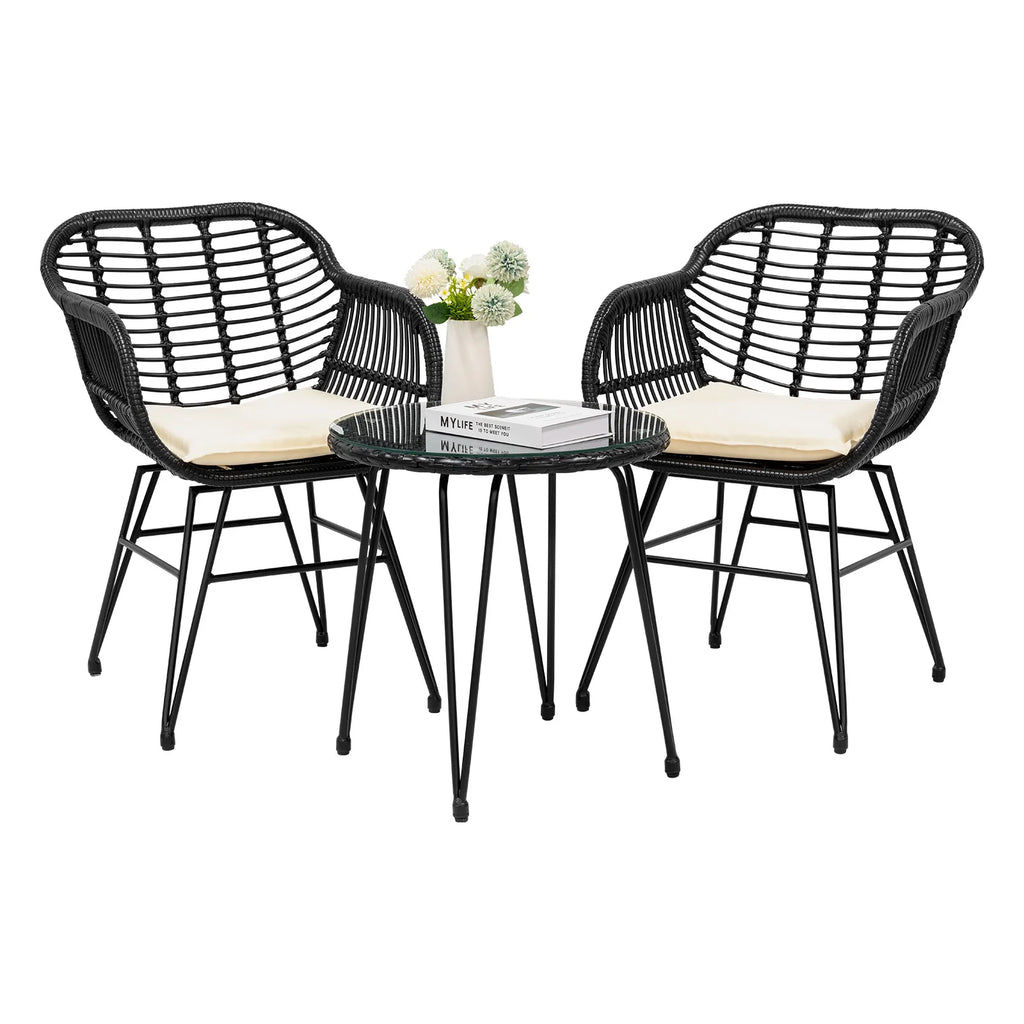 3 Piece Black PE Rattan Outdoor Wicker Bistro Set with Cushions S22100