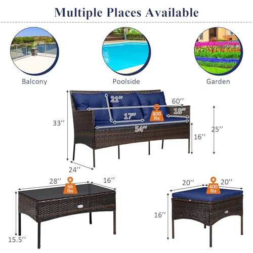3 Pieces PE Rattan Wicker Patio Conversation Set with Cushions and Tempered Glass Coffee Table F84711