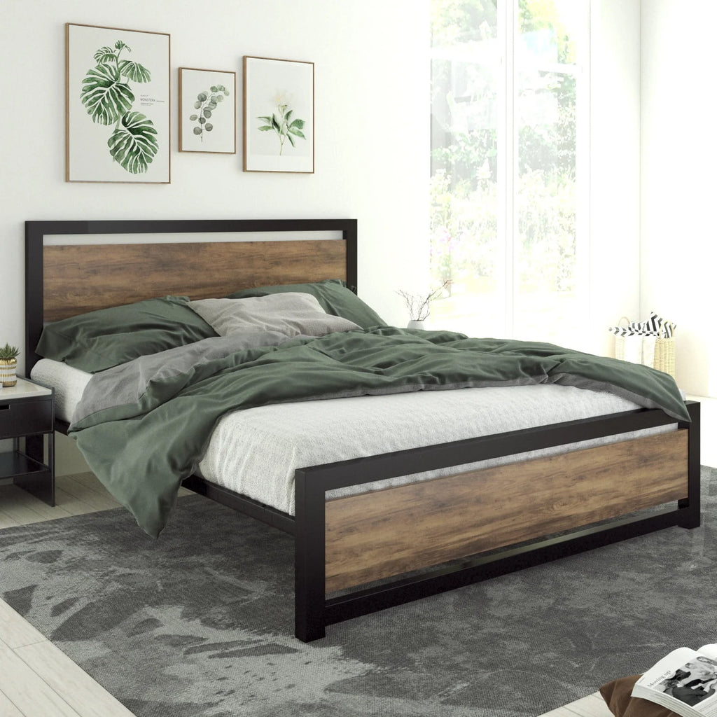 Queen Size Metal Platform Bed Frame with Wooden Headboard Footboard R135231