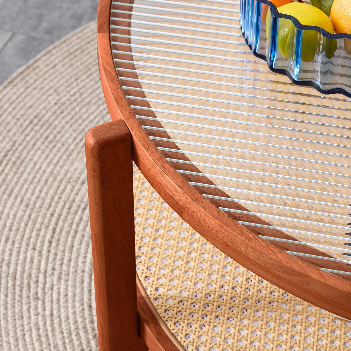 Solid Wood Coffee Table with Glass Top and PE Rattan B5631