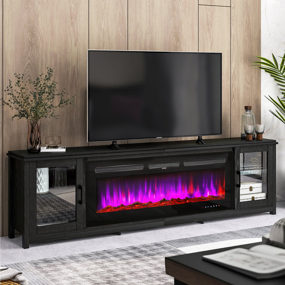 Black Fireplace TV Stand with Glass Doors I7136