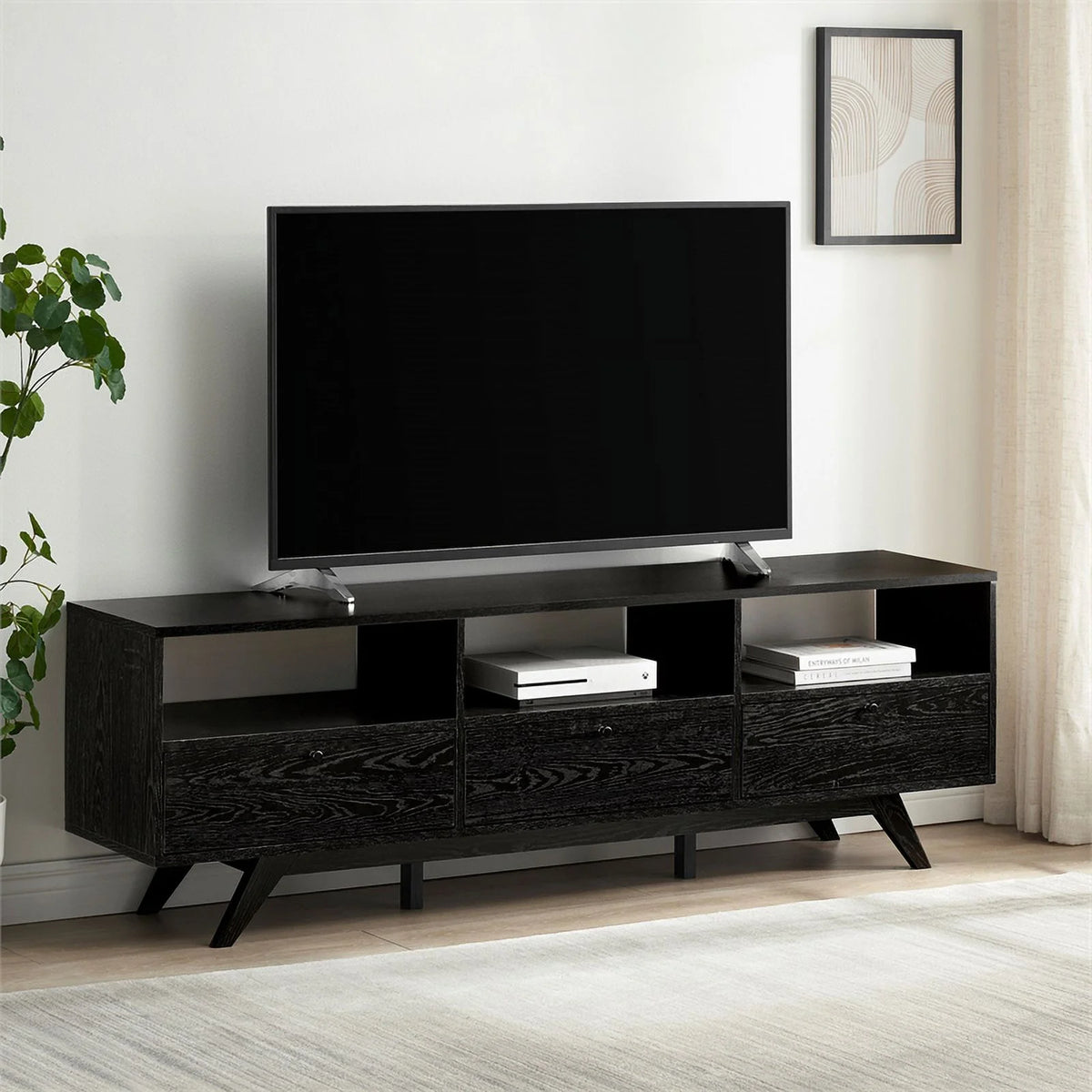 70" Black Wood TV Stand with Storage V814
