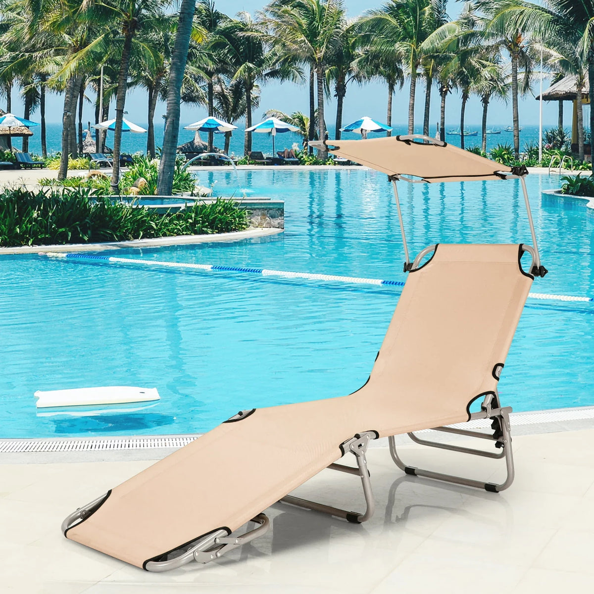 Beige Foldable Lounge Chair with Sun Shade H5471