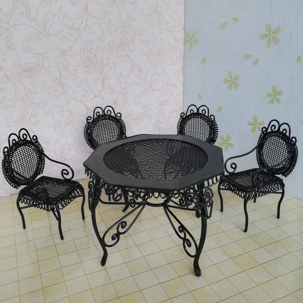 1/12 Scale Black Octagonal Table Chairs Furniture Set X6145